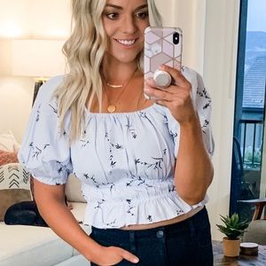 Women’s size large, light blue floral, peasant crop top